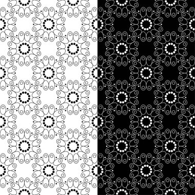 Siyah ve beyaz çiçekli süsler. Tekstil ve duvar kağıtları için sorunsuz arka planlar kümesi