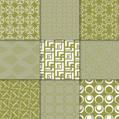 Zeytin yeşili geometrik süsler. Web, Tekstil ve duvar kağıtları için dikişsiz desen koleksiyonu