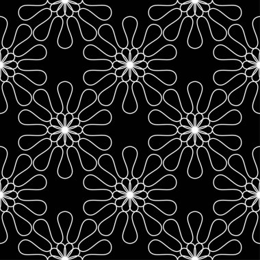 Siyah arka plan üzerine beyaz çiçekler. Tekstil ve duvar kağıtları için süs seamless modeli