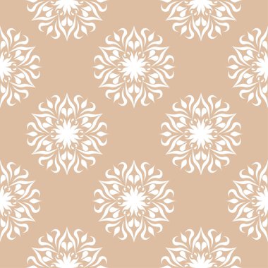 Bej renkli arka plan üzerinde beyaz çiçek tasarım. Tekstil ve duvar kağıtları için seamless modeli
