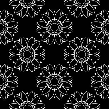 Siyah arka plan üzerine beyaz çiçek tasarım. Tekstil ve duvar kağıtları için seamless modeli