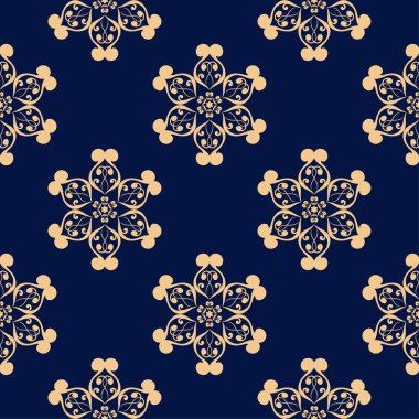 Koyu mavi zemin üzerine altın çiçek süsleme. Tekstil ve duvar kağıtları için seamless modeli