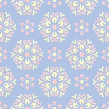 Çiçek seamless modeli. Soluk mavi arka plan duvar kağıtları, Tekstil ve kumaş için bej ve pembe çiçek öğeleri ile