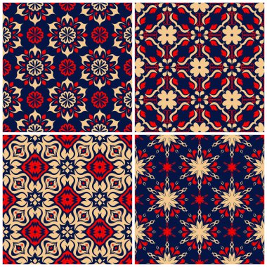 Sorunsuz arka planlar. Duvar kağıtları, Tekstil ve kumaş çiçek desenleri ile mavi klasik bej ve kırmızı belirler