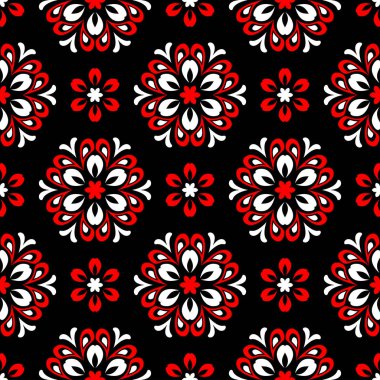 Çiçek seamless modeli. Duvar kağıtları, Tekstil ve kumaş için siyah kırmızı ve beyaz arka plan