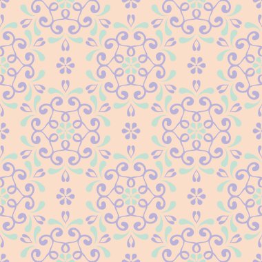 Çiçek seamless modeli. Bej renkli arka plan duvar kağıtları, Tekstil ve kumaş için mor ve mavi çiçek öğeleri ile