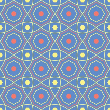 Geometrik seamless modeli. Mavi arka plan duvar kağıtları, Tekstil ve kumaş için kırmızı ve sarı tasarımı ile