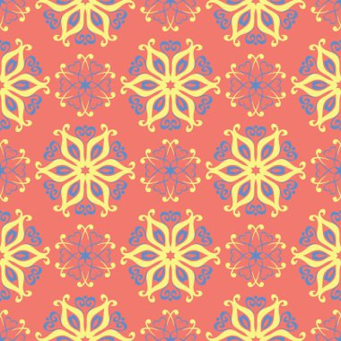 Çiçek seamless modeli. Parlak pembe turuncu arka plan duvar kağıtları, Tekstil ve kumaş için sarı ve mavi çiçek öğeleri ile