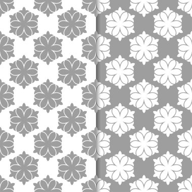 Beyaz ve gri arka plan çiçek kümesi. Tekstil ve duvar kağıtları için dikişsiz desen