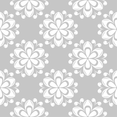Gri arka plan üzerinde beyaz çiçek süsleme. Tekstil ve duvar kağıtları için seamless modeli