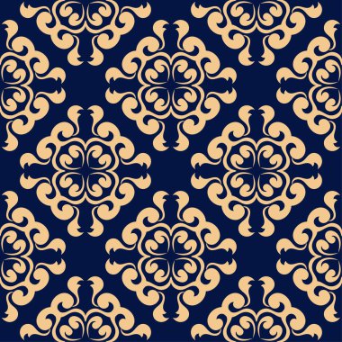 Koyu mavi zemin üzerine altın çiçek süsleme. Tekstil ve duvar kağıtları için seamless modeli