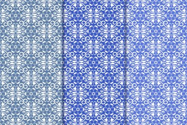 Mavi çiçekli süsler. Duvar kağıtları ve kumaşlar için dikey Dikişsiz desen seti