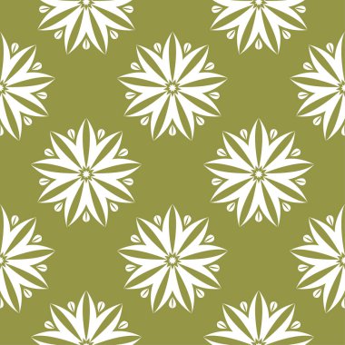 Zeytin yeşil zemin üzerine beyaz çiçek süsleme. Tekstil ve duvar kağıtları için seamless modeli