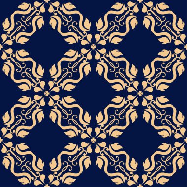 Koyu mavi zemin üzerine altın çiçek tasarım. Tekstil ve duvar kağıtları için seamless modeli