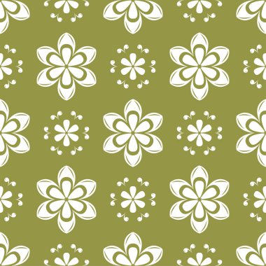 Zeytin yeşil zemin üzerine beyaz çiçek süsleme. Tekstil ve duvar kağıtları için seamless modeli