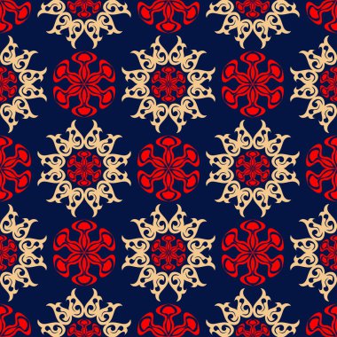 Kesintisiz mavi arka plan. Çiçek bej ve kırmızı desenli duvar kağıtları ve tekstil