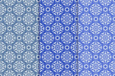 Mavi çiçekli süsler. Duvar kağıtları ve kumaşlar için dikey Dikişsiz desen seti