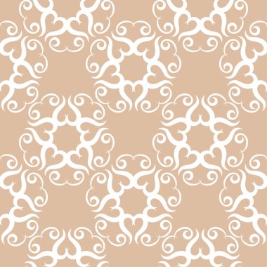 Bej renkli arka plan üzerinde beyaz çiçek süs tasarım. Tekstil ve duvar kağıtları için seamless modeli