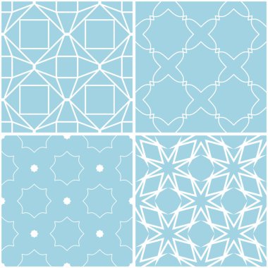Geometrik desenler. Mavi ve beyaz sorunsuz arka planlar kümesi. Vektör çizim