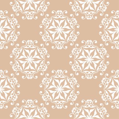 Bej renkli arka plan üzerinde beyaz çiçek tasarım. Tekstil ve duvar kağıtları için seamless modeli