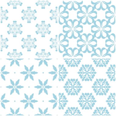 Çiçek desenleri. Beyaz ışık mavi öğeleri kümesi. Sorunsuz arka planlar. Vektör çizim