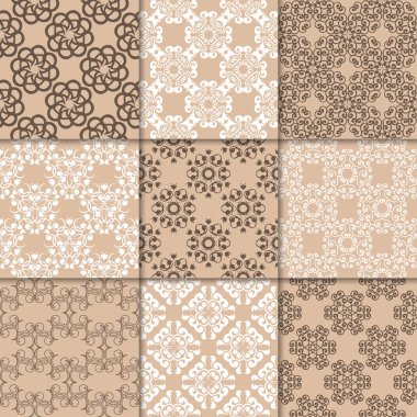 Kahverengi Bej çiçekli süsler. Kağıt için dikişsiz desen koleksiyonu Tekstil