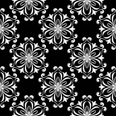 Siyah arka plan üzerine beyaz çiçek tasarım. Tekstil ve duvar kağıtları için seamless modeli