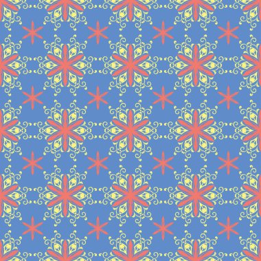 Çiçek seamless modeli. Duvar kağıtları, Tekstil ve kumaş için mavi arka plan üzerinde kırmızı ve sarı çiçek öğeleri