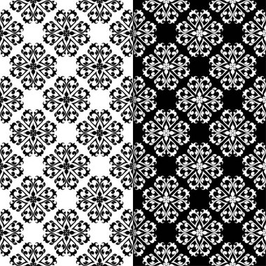 Siyah ve beyaz çiçek arka planlar. Tekstil ve duvar kağıtları için dikişsiz desen seti