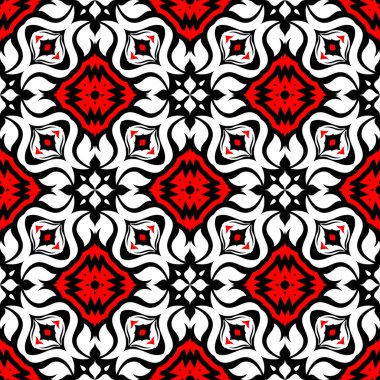 Sorunsuz çiçek desenli. Siyah arka plan üzerinde öğeleri kırmızı ve beyaz