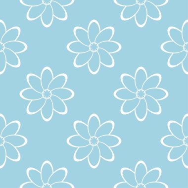 Mavi zemin üzerine beyaz çiçek süsleme. Tekstil ve duvar kağıtları için seamless modeli