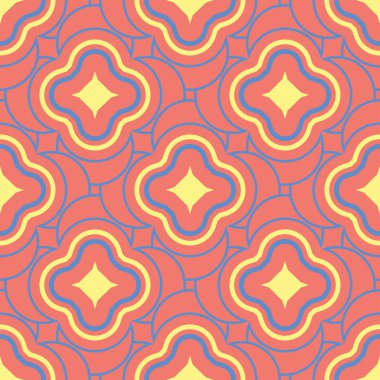 Geometrik parlak çok sorunsuz arka plan renkli. Turuncu arka plan üzerinde öğeleri mavi ve bej. Duvar kağıtları ve kumaşlar için tasarım