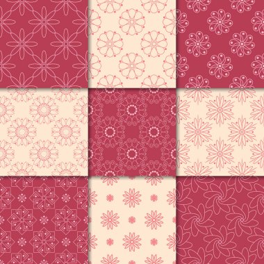 Kiraz kırmızı ve bej çiçekli süsler. Kağıt için dikişsiz desen koleksiyonu Tekstil