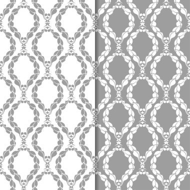 Beyaz ve gri çiçek süs tasarımlar. Tekstil ve duvar kağıtları için dikişsiz desen seti