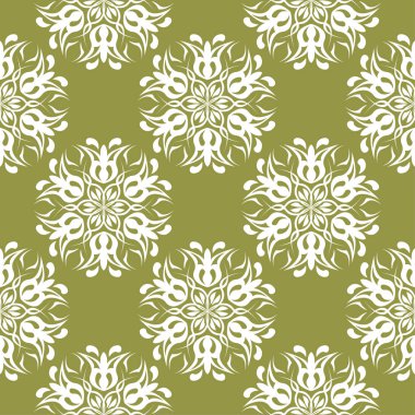 Zeytin yeşil zemin üzerine beyaz çiçek süsleme. Tekstil ve duvar kağıtları için seamless modeli