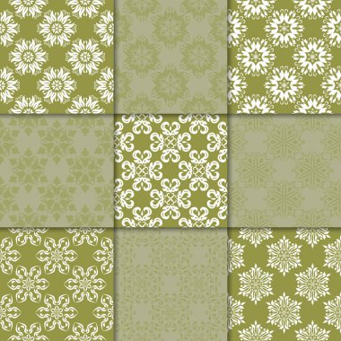 Zeytin Yeşil çiçekli süsler. Kağıt için dikişsiz desen koleksiyonu Tekstil