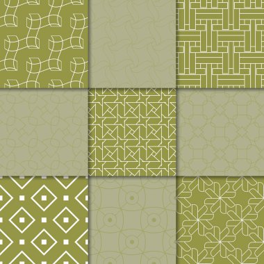 Zeytin yeşili geometrik süsler. Web, Tekstil ve duvar kağıtları için dikişsiz desen koleksiyonu
