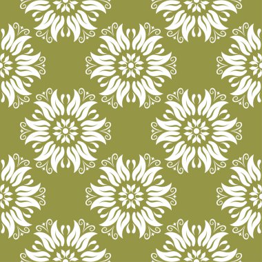 Zeytin yeşil zemin üzerine beyaz çiçek süsleme. Tekstil ve duvar kağıtları için seamless modeli