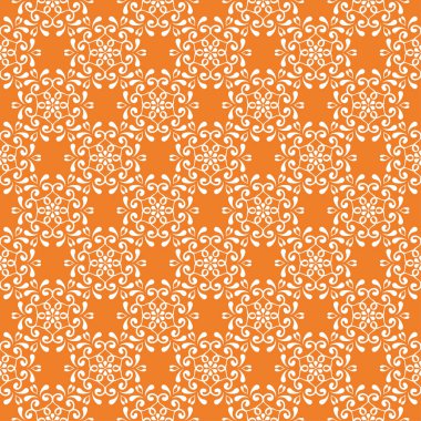 Turuncu zemin üzerine beyaz çiçek süsleme. Tekstil ve duvar kağıtları için seamless modeli