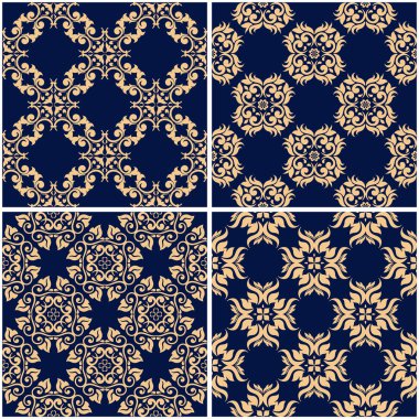 Çiçek desenleri. Altın mavi sorunsuz arka planlar kümesi. Vektör illustraton