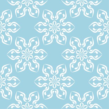 Mavi zemin üzerine beyaz çiçek süsleme. Tekstil ve duvar kağıtları için seamless modeli