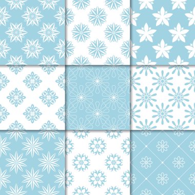 Mavi ve beyaz çiçekli süsler. Kağıt için dikişsiz desen koleksiyonu Tekstil