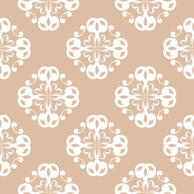 Bej renkli arka plan üzerinde beyaz çiçek süsleme. Tekstil ve duvar kağıtları için seamless modeli