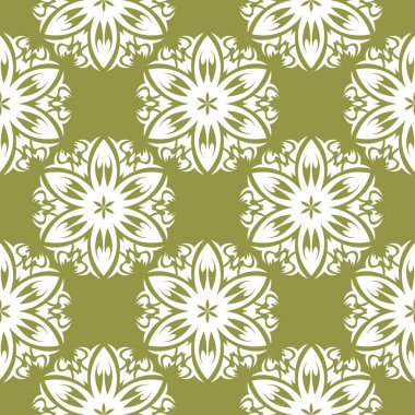 Zeytin yeşil zemin üzerine beyaz çiçek süsleme. Tekstil ve duvar kağıtları için seamless modeli