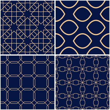 Geometrik desenler. Altın mavi sorunsuz arka planlar kümesi. Vektör çizim
