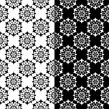 Siyah ve beyaz çiçek arka planlar. Tek renkli Dikişsiz desen Tekstil ve duvar kağıtları için set