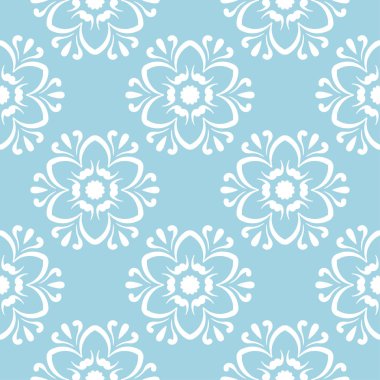 Mavi zemin üzerine beyaz çiçek tasarım. Tekstil ve duvar kağıtları için seamless modeli