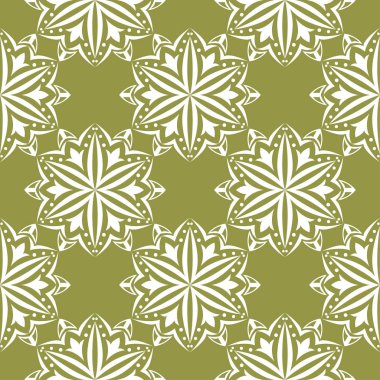 Zeytin yeşil zemin üzerine beyaz çiçek süsleme. Tekstil ve duvar kağıtları için seamless modeli