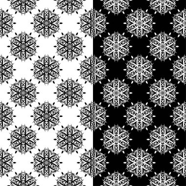 Siyah ve beyaz çiçek arka planlar. Tekstil ve duvar kağıtları için dikişsiz desen seti