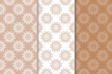 Çiçek süsler kümesi. Kahverengi, bej ve beyaz Dikişsiz desen Tekstil ve duvar kağıtları için
